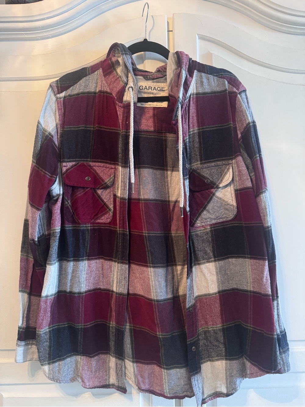 Garage Burgundy, Black and White Plaid Hooded Shirt Jacket